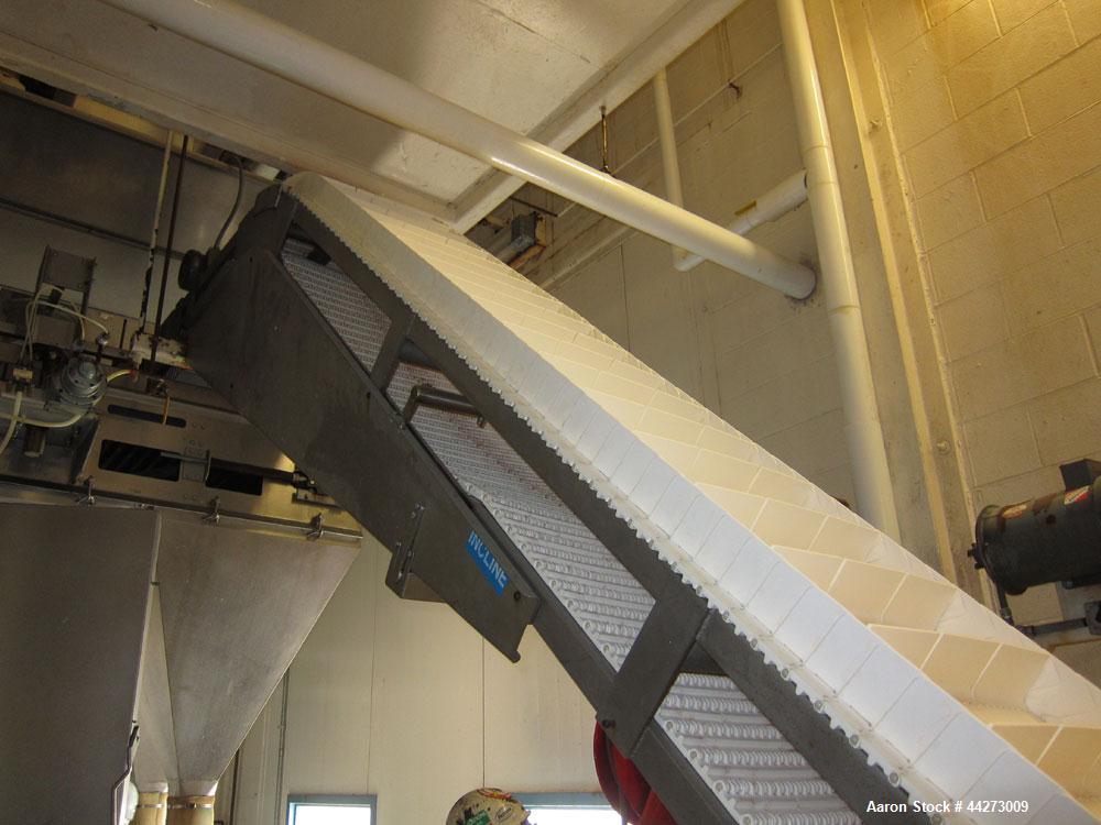 Used 17'' Wide x Approximate 13 ft High Inclined Plastic Interlocking Cleated Stainless Steel Conveyor