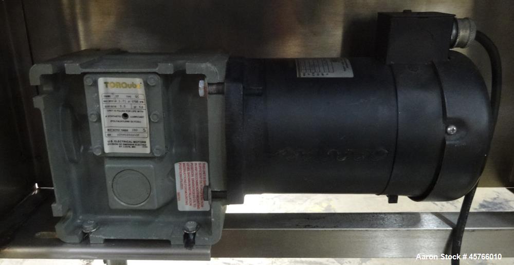 Used Takeaway Conveyor. Approximate 5" wide x 176" long rubber belt, driven by a hp gear motor with a Penta drive. Includes a Pneumatic ejector system with accumulation tank, and pipe manifold. (1) C...