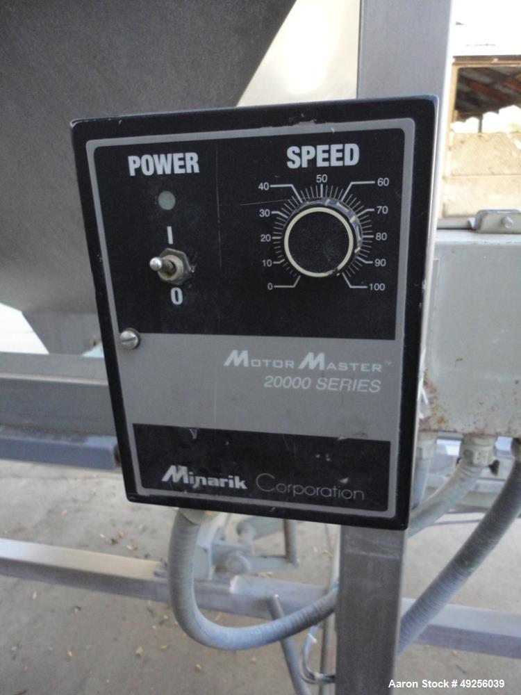 Used Belt infeed conveyor measuring 11" wide x 65" long x 25" high with stainless steel hopper measuring 40" x 40" x 4-1/2" straight side to 19" cone to 8" x 8" discharge. Unit is powered by 1/2 hp, ...