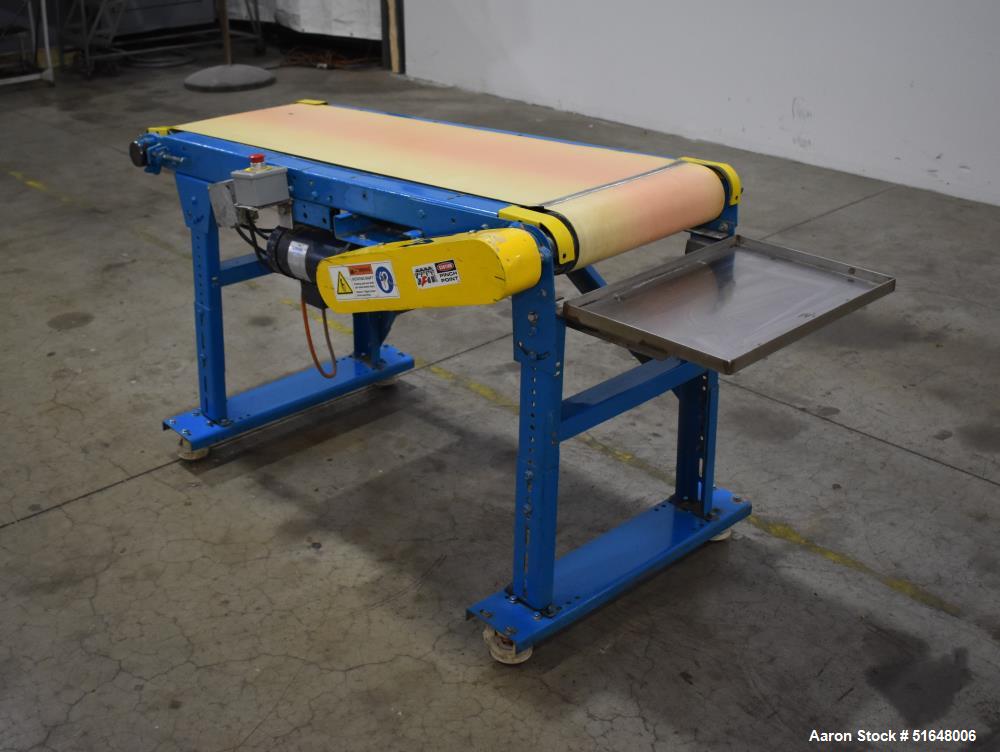 Used- Belt Conveyor. Approximate 17" wide belt. Driven by a Leeson 1750 rpm, 90 volt, DC motor. Mounted on a adjustable heig...