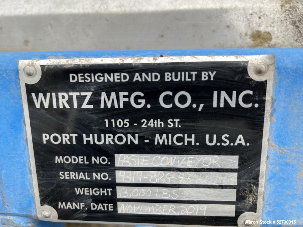 Used Wirtz Mfg Co. Belt Conveyor, Model Paste Conveyor. Approximate 310" long x 44" wide conveyor. Driven by a 1/2hp, 3/60/230/460 volt, 300 - 1800 rpm motor through a reducer. Painted carbon steel f...