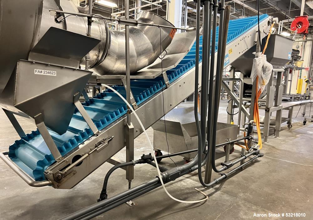 Used Rubber Belt Inclined Conveyor. Pleated belt approximate 23" wide x 13' long x 1-3/4" deep sides x 1-3/4" tall pleats. With VDG drum motor, stainless steel frame