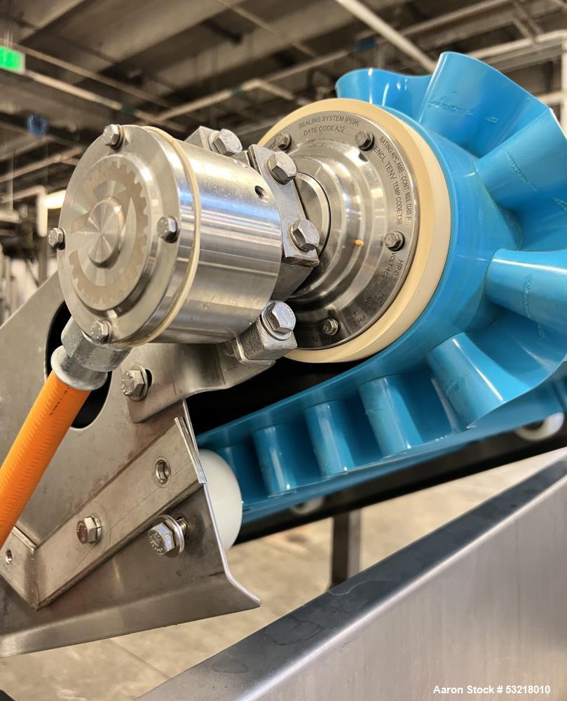 Used Rubber Belt Inclined Conveyor. Pleated belt approximate 23" wide x 13' long x 1-3/4" deep sides x 1-3/4" tall pleats. With VDG drum motor, stainless steel frame