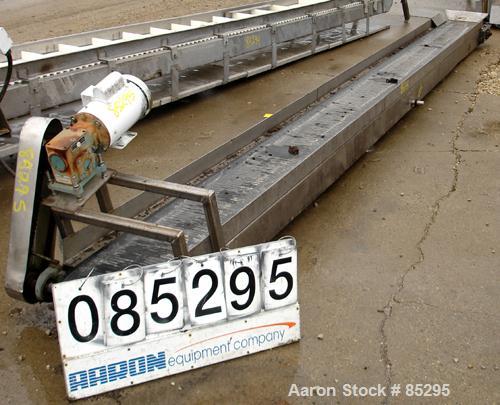 USED: Belt conveyor, 304 stainless steel frame. Rubber belt 15" widex 20' long. Driven by a 1 hp, 1/60/115/230 volt, 1725 rpm gearmotor.