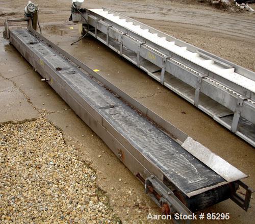 USED: Belt conveyor, 304 stainless steel frame. Rubber belt 15" widex 20' long. Driven by a 1 hp, 1/60/115/230 volt, 1725 rpm gearmotor.