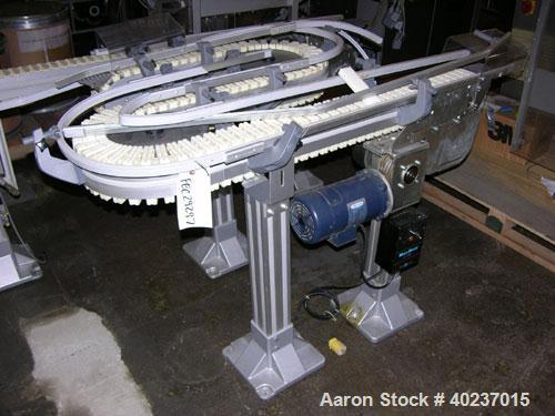 Used Autopack "S" Style Slat Conveyor, 3.25" wide with 36", 12", 12" straight sections, on stand with .5 hp DC motor with SCR controller.

