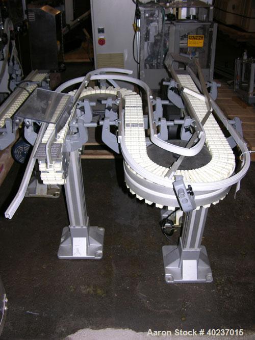 Used Autopack "S" Style Slat Conveyor, 3.25" wide with 36", 12", 12" straight sections, on stand with .5 hp DC motor with SCR controller.

