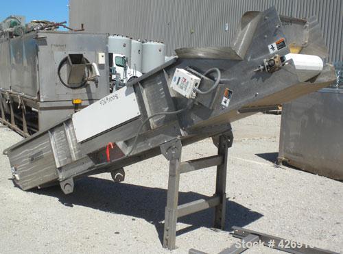 Used Bunting Magnetics Incline Belt Conveyor, Model GFC24-156. Plastic partial pleated belt 23-1/2" wide x 148’’ long. Pleats approximately 31" apart, and 3’’ tall. Driven by a 1/2 hp, 3/60/208-230/4...