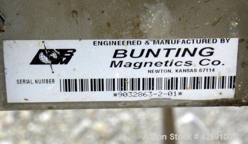 Used Bunting Magnetics Belt Conveyor, Model SC130-00-18. Plastic belt 29-1/2" wide x 210" long. Approximate 36" dump height. Driven by a 1/2 hp, 3/60/208-230/460 volt, 1725 rpm gear motor, ratio 30 t...