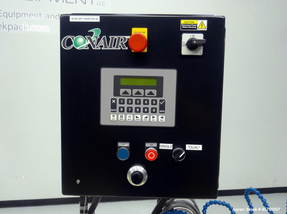 Used Conair TC Series Takeaway Conveyor, Model TC6-16. Approximate 6" wide x 192" long rubber belt, driven by a 1/3hp gear motor with a Baldor drive. Includes a Pneumatic ejector system with accumula...