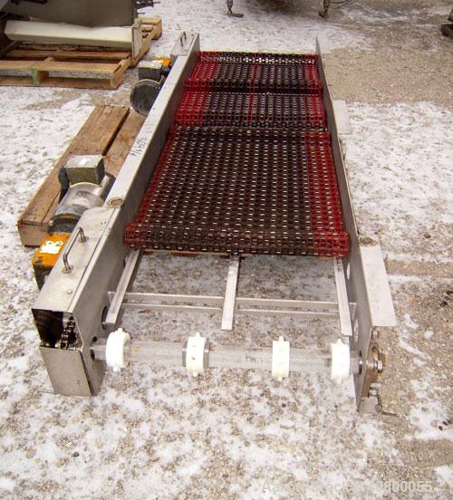 Used Heat And Control 2 Directional Belt Conveyor, Model DSFC. 24" wide x 80" long plastic belt. Includes (2) 1hp, 3/60/575 volt, 1725 rpm gear motors, each mounted on the same side. Mounted on a 304...