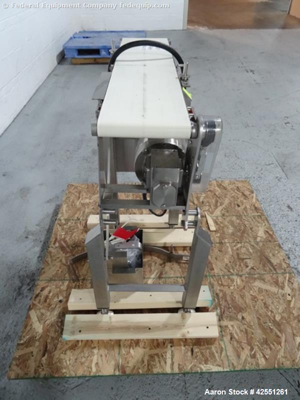 Used Dorner 7200 Series Horizontal Belt Conveyor. 8" Wide x 34" long smooth belt with 0.5/0.33 hp, 208-230/190V, 3 phase motor, 15:1 gearbox, with controls, stainless steel construction.