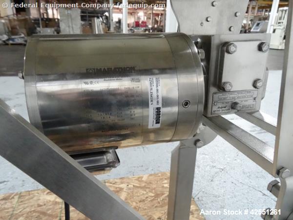 Used Dorner 7200 Series Horizontal Belt Conveyor. 8" Wide x 34" long smooth belt with 0.5/0.33 hp, 208-230/190V, 3 phase motor, 15:1 gearbox, with controls, stainless steel construction.