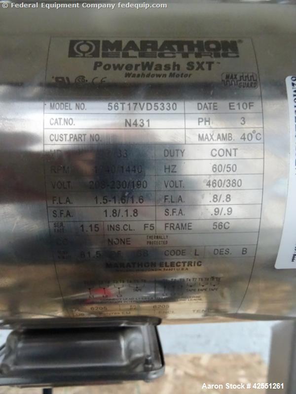 Used Dorner 7200 Series Horizontal Belt Conveyor. 8" Wide x 34" long smooth belt with 0.5/0.33 hp, 208-230/190V, 3 phase motor, 15:1 gearbox, with controls, stainless steel construction.