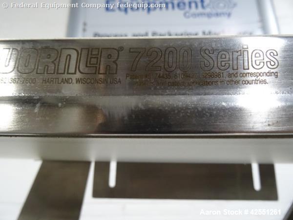 Used Dorner 7200 Series Horizontal Belt Conveyor. 8" Wide x 34" long smooth belt with 0.5/0.33 hp, 208-230/190V, 3 phase motor, 15:1 gearbox, with controls, stainless steel construction.
