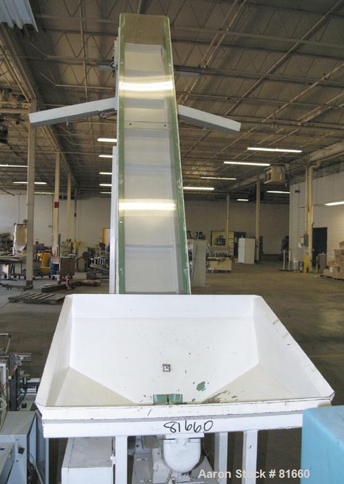 USED: FMC Syntron incline belt conveyor/elevator, model BE-10-6-B, carbon steel. 12" wide x 120" long rubber belt with pleats placed approximately 11-3/4" apart and 2" deep. Approximate 11' discharge...