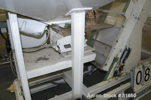 USED: FMC Syntron incline belt conveyor/elevator, model BE-10-6-B, carbon steel. 12" wide x 120" long rubber belt with pleats placed approximately 11-3/4" apart and 2" deep. Approximate 11' discharge...