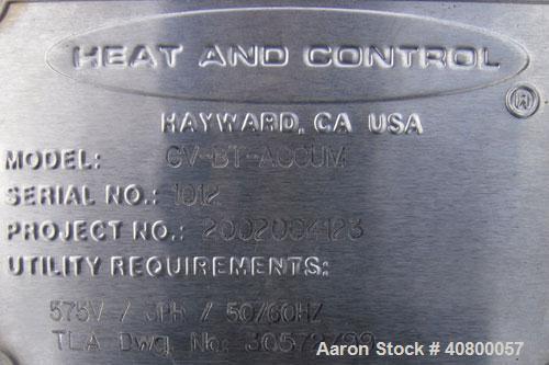 Used Heat and Control MinuteMan Accumulation Conveyor System, model CV-BT-ACCUM, 304 stainless steel. Approximate 200 cubic foot capacity. 60" wide x 204" long bottom product flow belt, driven by a 1...