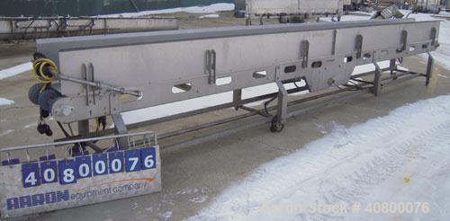 Used Heat and Control Deoiler Belt Conveyor, Model CV-BT-PL, 304 Stainless Steel. 18" Wide x 260" long belt, driven by a 3/4 hp, 3/60/575 volt, 1740 rpm gearmotor. Approximate 14" tall sidewalls. Mou...