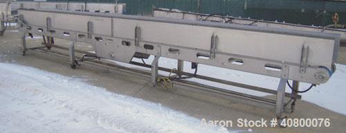Used Heat and Control Deoiler Belt Conveyor, Model CV-BT-PL, 304 Stainless Steel. 18" Wide x 260" long belt, driven by a 3/4 hp, 3/60/575 volt, 1740 rpm gearmotor. Approximate 14" tall sidewalls. Mou...