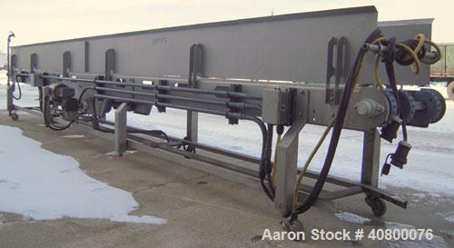 Used Heat and Control Deoiler Belt Conveyor, Model CV-BT-PL, 304 Stainless Steel. 18" Wide x 260" long belt, driven by a 3/4 hp, 3/60/575 volt, 1740 rpm gearmotor. Approximate 14" tall sidewalls. Mou...