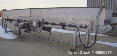Used Heat And Control Deoiler Belt Conveyor, Model CV-BT-PL, 304 Stainless Steel. 18" Wide x 186" long belt, driven by a 3/4 hp, 3/60/575 volt, 1740 rpm gearmotor. Approximate 16" tall sidewalls. Mou...