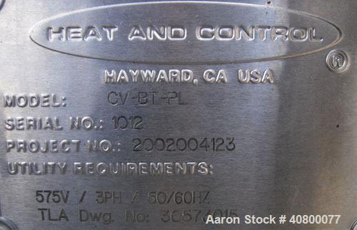 Used Heat And Control Deoiler Belt Conveyor, Model CV-BT-PL, 304 Stainless Steel. 18" Wide x 186" long belt, driven by a 3/4 hp, 3/60/575 volt, 1740 rpm gearmotor. Approximate 16" tall sidewalls. Mou...