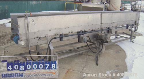 Used Heat And Control Deoiler Belt Conveyor, Model CV-BT-PL, 304 Stainless Steel. 18" Wide x 186" long belt. Driven by a 3/4 hp, 3/60/575 volt, 1740 rpm gearmotor. Approximate 18" tall sidewalls. Mou...