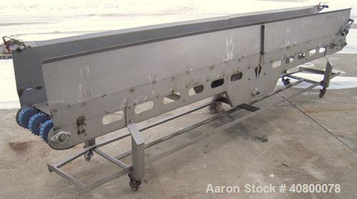Used Heat And Control Deoiler Belt Conveyor, Model CV-BT-PL, 304 Stainless Steel. 18" Wide x 186" long belt. Driven by a 3/4 hp, 3/60/575 volt, 1740 rpm gearmotor. Approximate 18" tall sidewalls. Mou...