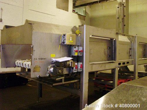 Used Vertical "Z" Shaped Conveyor, 304 stainless steel frame. 16" wide plastic belt, 48" long horizontal bottom infeed section, 144" long vertical section, 144" long horizontal top discharge section....