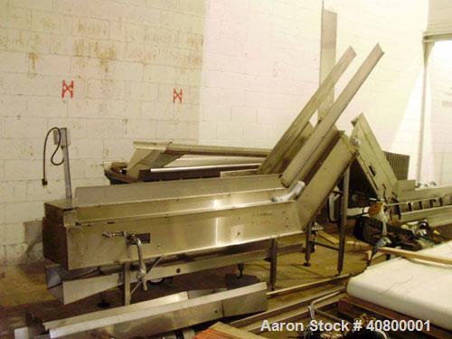 Used Vertical "Z" Shaped Conveyor, 304 stainless steel frame. 16" wide plastic belt, 48" long horizontal bottom infeed section, 144" long vertical section, 144" long horizontal top discharge section....