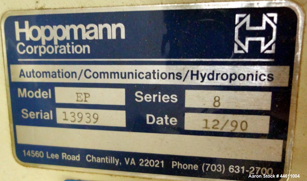 Used Hoppmann Elevating Prefeeder, Model EP, Series 8.  8" Wide rubber belt with 1-3/4" tall pleats placed approximately 6" apart.  Approximately 70" discharge height.  304 Stainless steel 8 cubic fo...