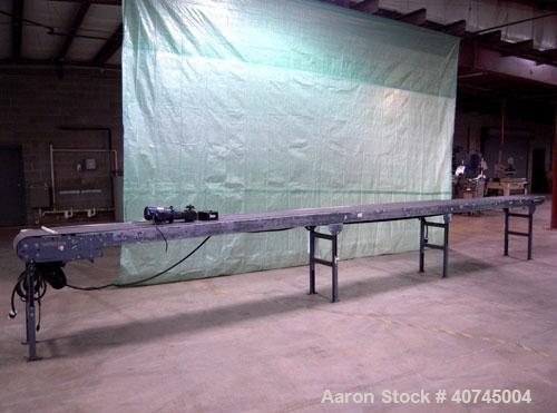 Used Hytrol Belt Conveyor. 13" wide x 296" long rubber belt, driven by a 1/2 hp, 90 volt, 1750 rpm DC gearmotor. Includes a Baldor DC drive. Mounted on a carbon steel frame with adjustable legs.