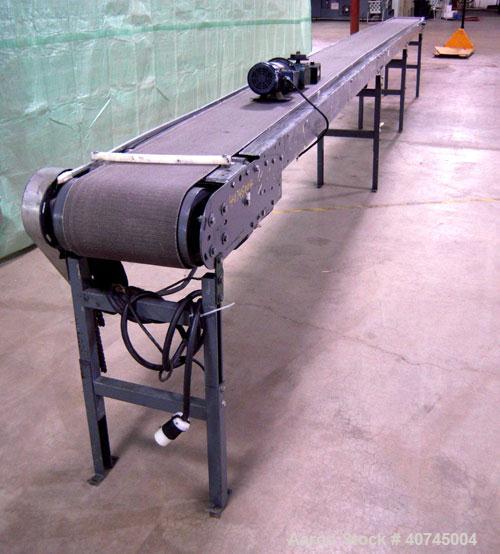 Used Hytrol Belt Conveyor. 13" wide x 296" long rubber belt, driven by a 1/2 hp, 90 volt, 1750 rpm DC gearmotor. Includes a Baldor DC drive. Mounted on a carbon steel frame with adjustable legs.