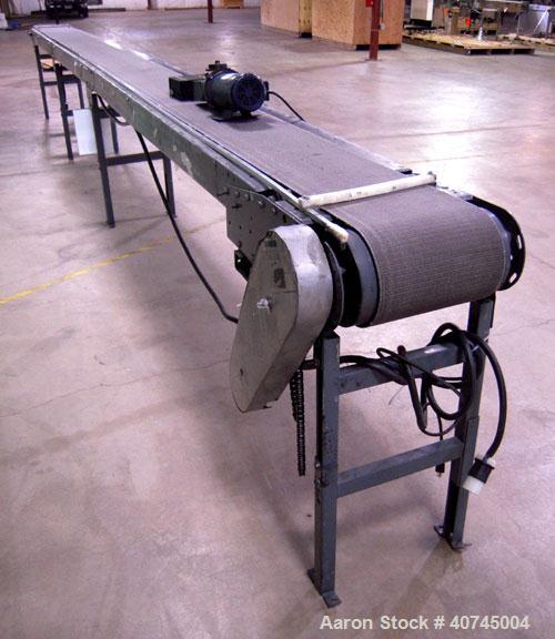 Used Hytrol Belt Conveyor. 13" wide x 296" long rubber belt, driven by a 1/2 hp, 90 volt, 1750 rpm DC gearmotor. Includes a Baldor DC drive. Mounted on a carbon steel frame with adjustable legs.