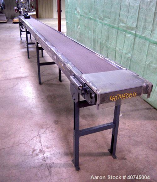 Used Hytrol Belt Conveyor. 13" wide x 296" long rubber belt, driven by a 1/2 hp, 90 volt, 1750 rpm DC gearmotor. Includes a Baldor DC drive. Mounted on a carbon steel frame with adjustable legs.