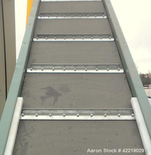 Used Hytrol Inclined Belt Conveyor, carbon steel. 18" wide x 48" long horizontal section x 72" long inclined section. 12" long pockets. 38" Load height, 80" discharge height. Driven by a 1/2 hp, 90 v...