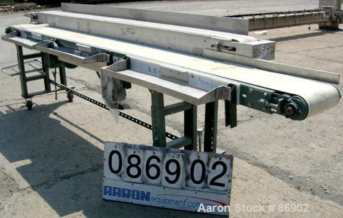 USED: Hytrol dual lane belt conveyor, rubber belts. (1) 10" wide x 140" long, (1) 6" wide x 114" long, both driven by a 1/2 hp, 90 volt, 1750 rpm DC gearmotor with a Bodine model FPM speed controller...