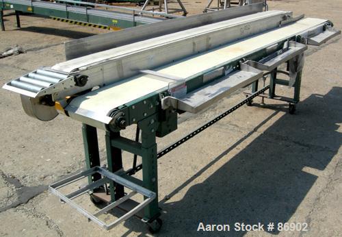 USED: Hytrol dual lane belt conveyor, rubber belts. (1) 10" wide x 140" long, (1) 6" wide x 114" long, both driven by a 1/2 hp, 90 volt, 1750 rpm DC gearmotor with a Bodine model FPM speed controller...