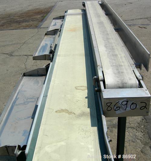 USED: Hytrol dual lane belt conveyor, rubber belts. (1) 10" wide x 140" long, (1) 6" wide x 114" long, both driven by a 1/2 hp, 90 volt, 1750 rpm DC gearmotor with a Bodine model FPM speed controller...