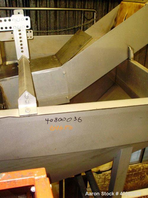 Used Inclined Plastic Belt Conveyor. 18" wide x 96" long with 9" wide x 3" tall off set pockets. 301 stainless steel supply feed hopper, 64" wide x 56" long x approximately 56" deep. Driven by an app...