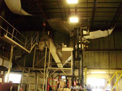 Used Inclined Plastic Belt Conveyor. 18" wide x 96" long with 9" wide x 3" tall off set pockets. 301 stainless steel supply feed hopper, 64" wide x 56" long x approximately 56" deep. Driven by an app...