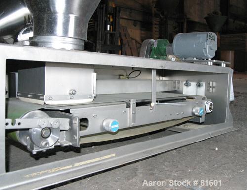 USED: Merrick weighbelt feeder, model 950, 304 stainless steel. 12"wide x 40" long belt. Driven by a 1/4 hp DC motor with reducer. 7-3/4"top inlet with hopper. Unit requires controls.