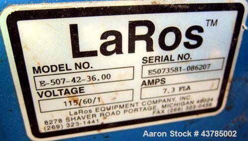 Used LaRos Belt Conveyor, Model E-507-42-36.00. 40" Wide x 424" long rubber belt. Driven by a 1/3 hp, 1/60/115/208-230 volt, 1725 rpm gear motor, ratio 60 to 1. Mounted on a carbon steel frame with l...