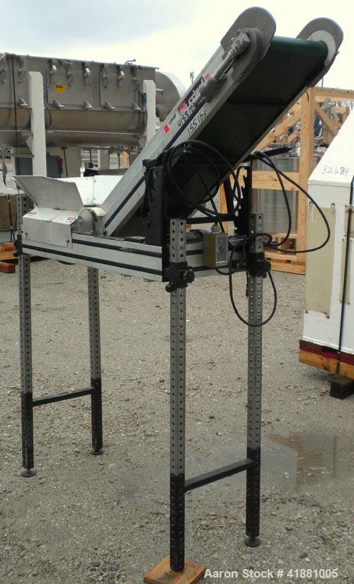 Used Crizaf Incline Belt Conveyor, Model LTCH/1-0510. 10" wide x 12" horizontal section x 40" incline section. Driven by a 1/6 hp, 1/60/115 volt, 40 rpm gear motor, ratio 42.7:1. Approximate 70" disc...