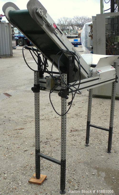 Used Crizaf Incline Belt Conveyor, Model LTCH/1-0510. 10" wide x 12" horizontal section x 40" incline section. Driven by a 1/6 hp, 1/60/115 volt, 40 rpm gear motor, ratio 42.7:1. Approximate 70" disc...