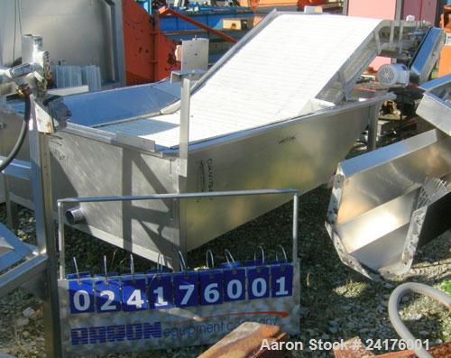 Used Belt Conveyor, " Z " Shaped. 38" wide x 48" bottom section x 48" inclined section x 36" top section plastic mesh belt, approximately 53" discharge height. Driven by a 2hp, 3/60/208-230/460 volt,...