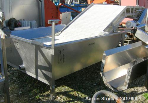 Used Belt Conveyor, " Z " Shaped. 38" wide x 48" bottom section x 48" inclined section x 36" top section plastic mesh belt, approximately 53" discharge height. Driven by a 2hp, 3/60/208-230/460 volt,...