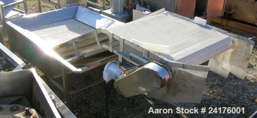 Used Belt Conveyor, " Z " Shaped. 38" wide x 48" bottom section x 48" inclined section x 36" top section plastic mesh belt, approximately 53" discharge height. Driven by a 2hp, 3/60/208-230/460 volt,...