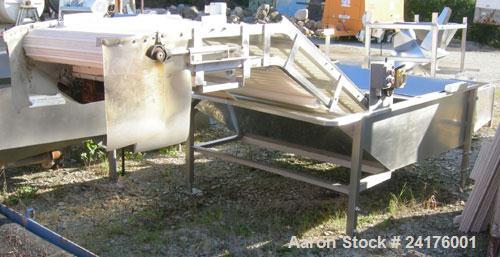 Used Belt Conveyor, " Z " Shaped. 38" wide x 48" bottom section x 48" inclined section x 36" top section plastic mesh belt, approximately 53" discharge height. Driven by a 2hp, 3/60/208-230/460 volt,...